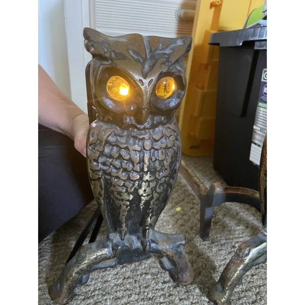 Antique Vintage Brass Owl Andirons Fireplace Amber Glass Eyes‎ 13